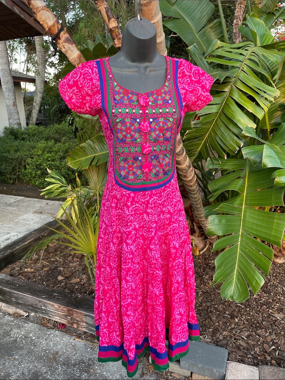 embroidered and mirror work, cotton fitting flare dress with oversized buttons